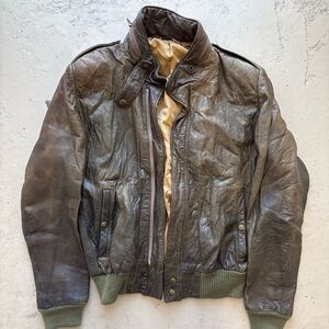 Men's Distressed Leather Bomber Jacket - Brown